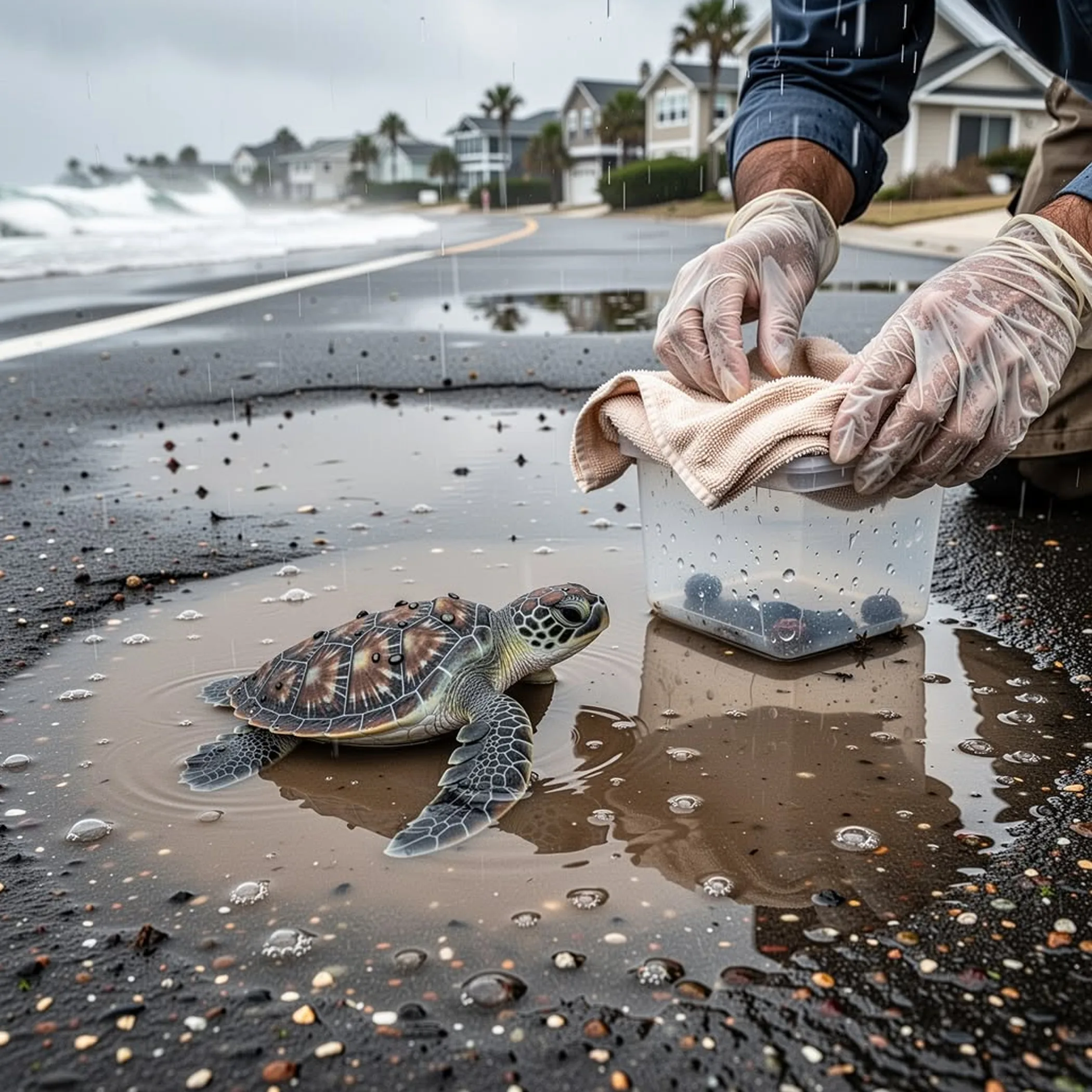 turtle being safely handled during rescue