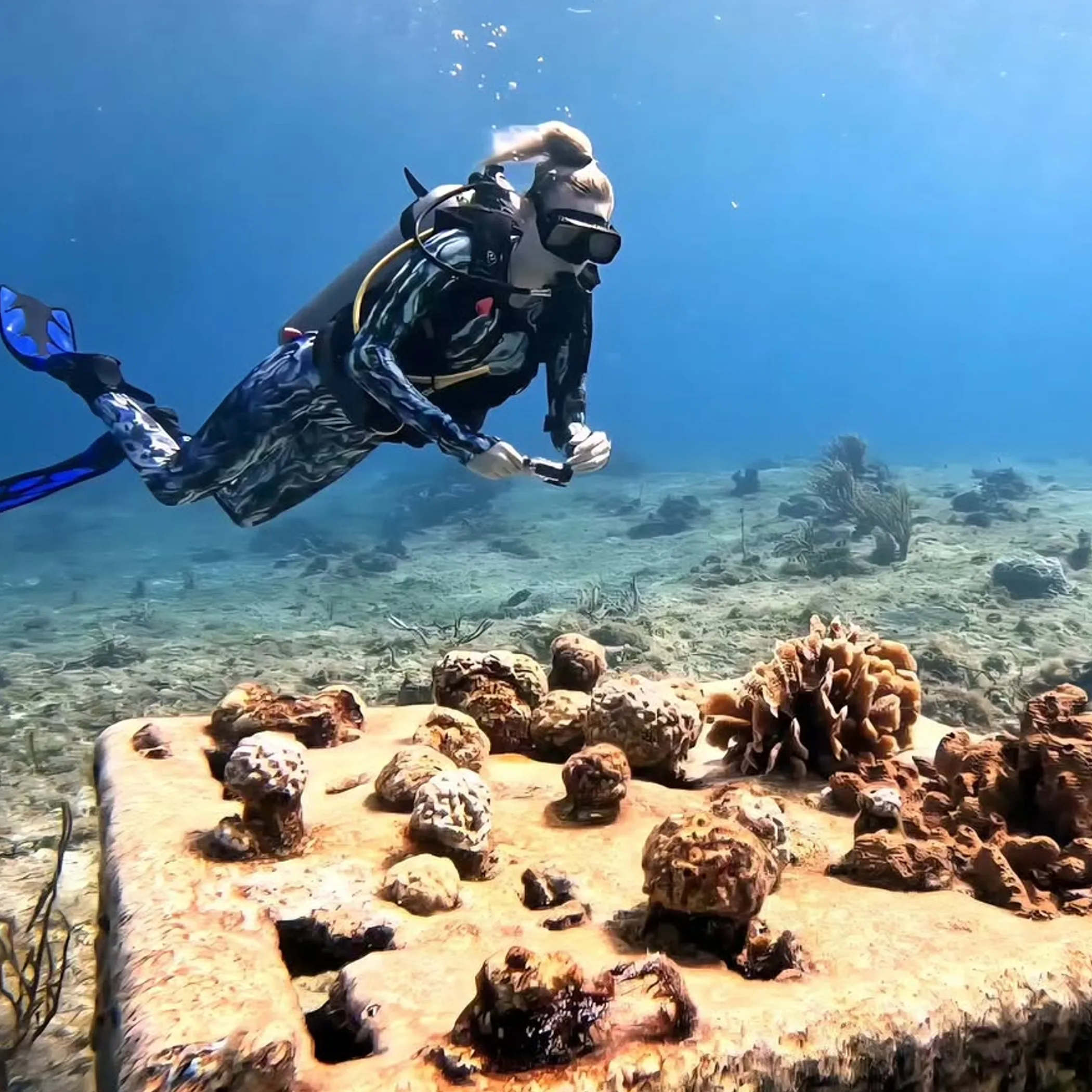 diver beside coral restoration structures